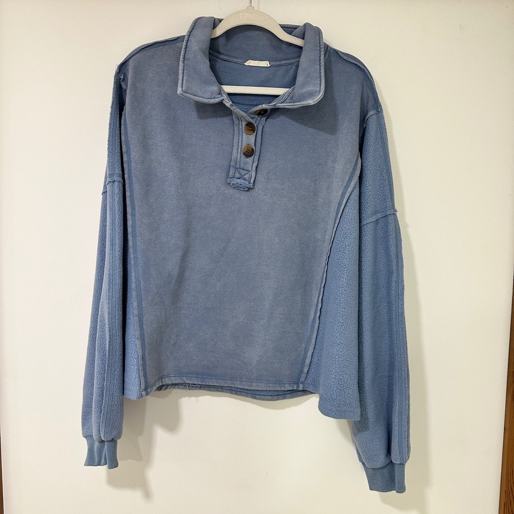 Kori Women Pullover Fleece Mineral Wash Henley Mixed Media Oversized Large Blue